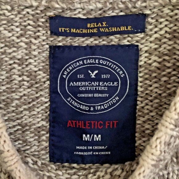 American Eagle Ragg Wool Sweater Mens Size M Preppy Oatmeal Marl Knit Crewneck - Picture 6 of 12